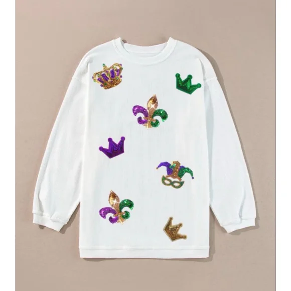 Mardi Gras Sequin Patch Oversized White Corded Sweatshirt - Picture 7 of 8